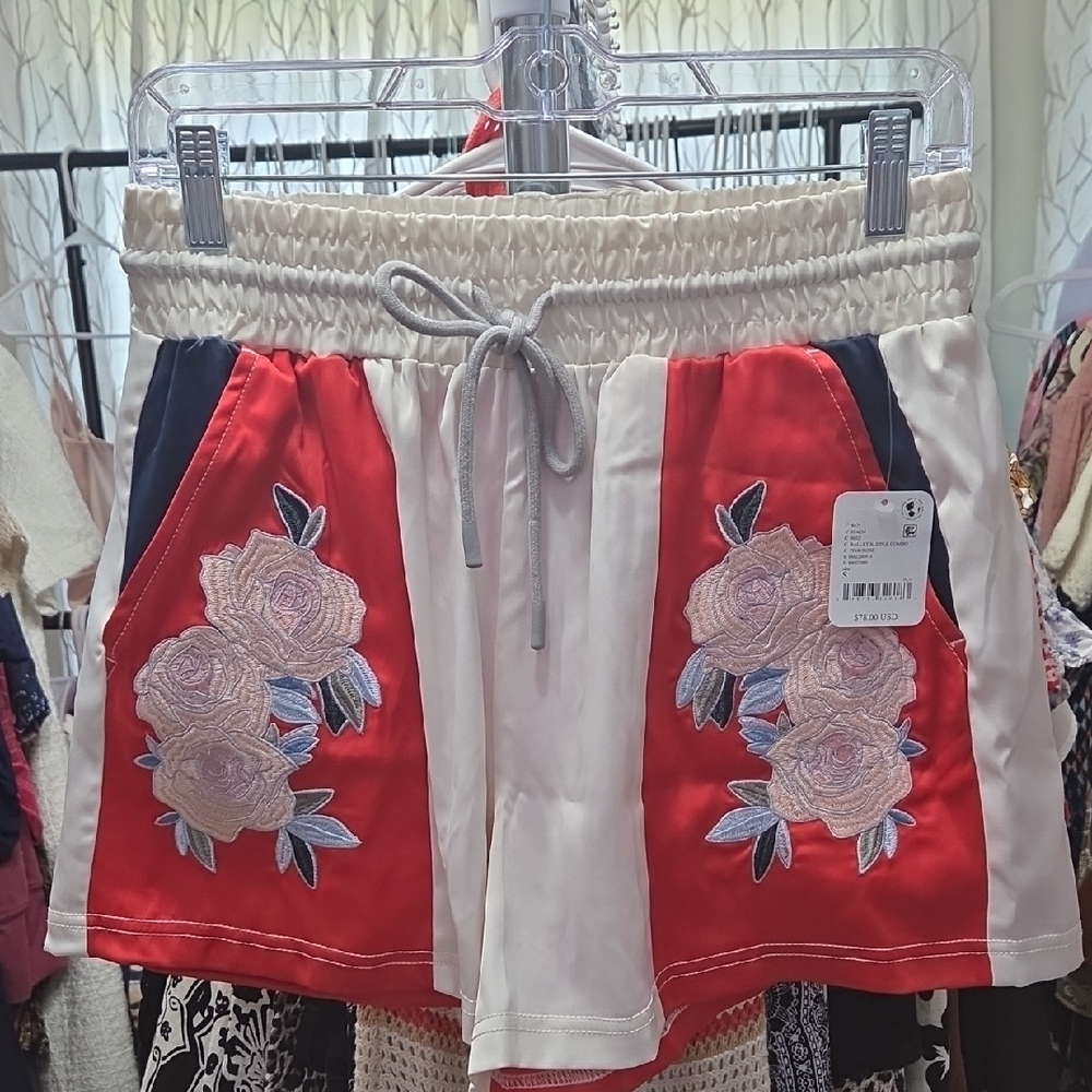 Free People Red and Cream Floral Panel Athletic Shorts - Picture 2 of 9